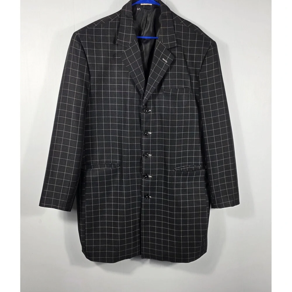 Vintage Paitano Mens Black Windowpane Grid Longline 5 Button Blazer Jacket  48R